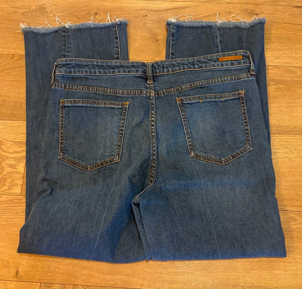 Pilcro Anthropologie Cropped Kick Flare Jeans Raw Hem Blue Stretch Denim